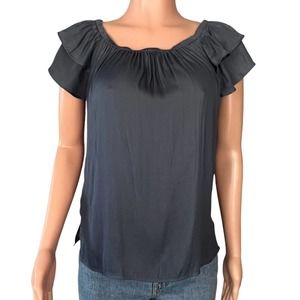 Ann Taylor Loft Shirt Womens XS Slate Blue Elastic Neck Short Ruffle Sleeve